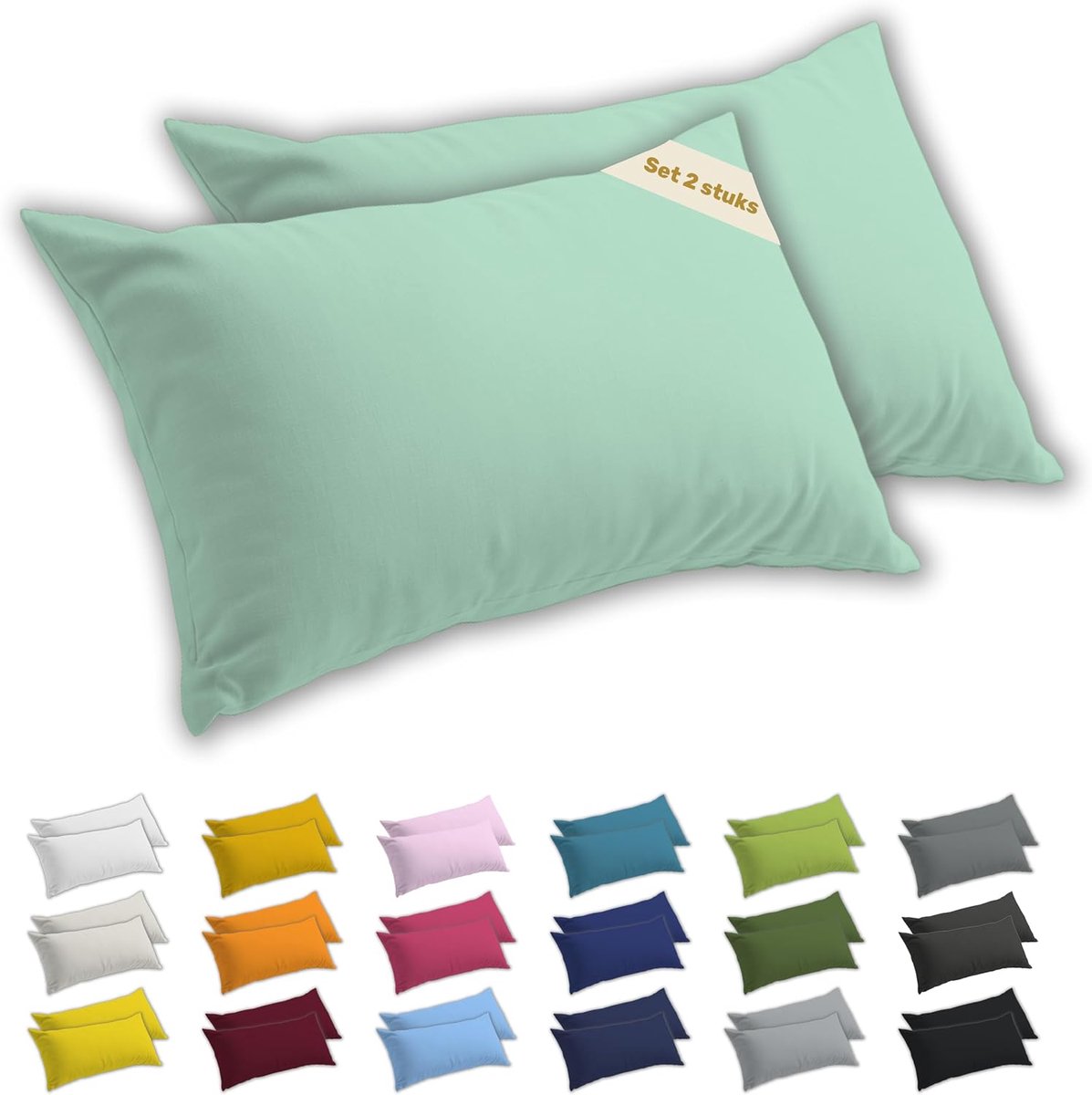 SnelShoppen - Set van 2 Kussenslopen 50 x 70 cm Eucalyptus Groen, 100% Katoen Jersey, Oeko-Tex Gecertificeerd, Ademend en Allergievriendelijk, Ideaal