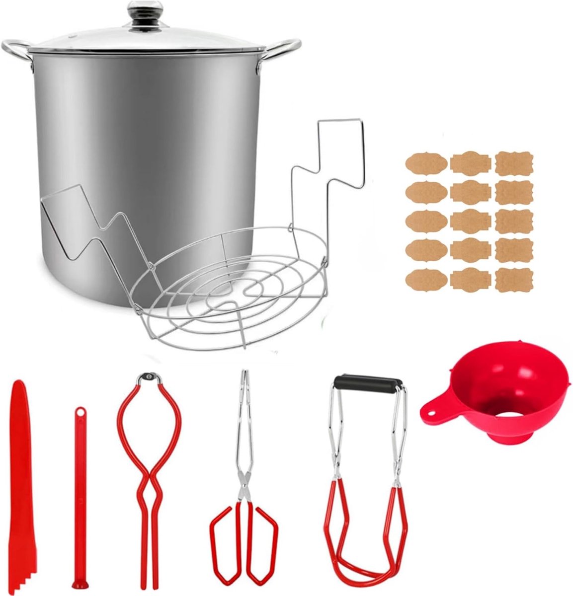 SnelShoppen - 20L RVS Inmaakset met Waterbad, Frame en Deksel - 9-delige Inmaakset inclusief Glazen Lift, Inmaak Tangen, 30 Labels - Compleet voor Beg