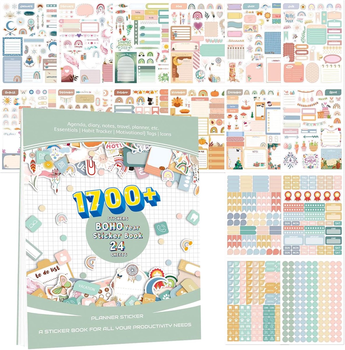 SnelShoppen - Boho Aesthetic Planner Stickers Set, 24 Bladen met 1700 Stuks, Kleurcodering, Kalender Stickers voor Volwassenen, Seizoensgebonden en Fe