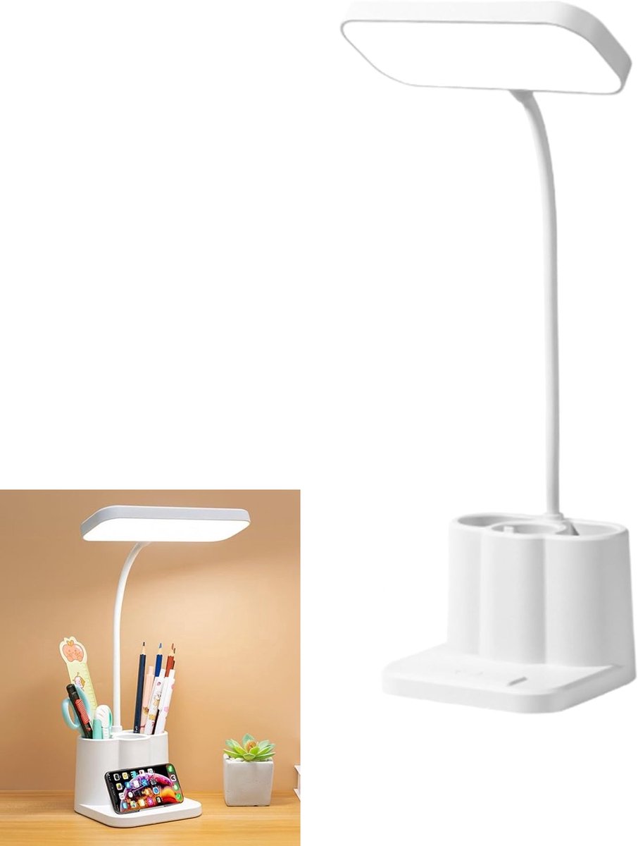 KZQ LED bureaulamp met 3 kleurstanden en pennenhouder – Oogvriendelijk en instelbare hoek – Ideaala voor studenten en slaapzaal –4800 – Wit