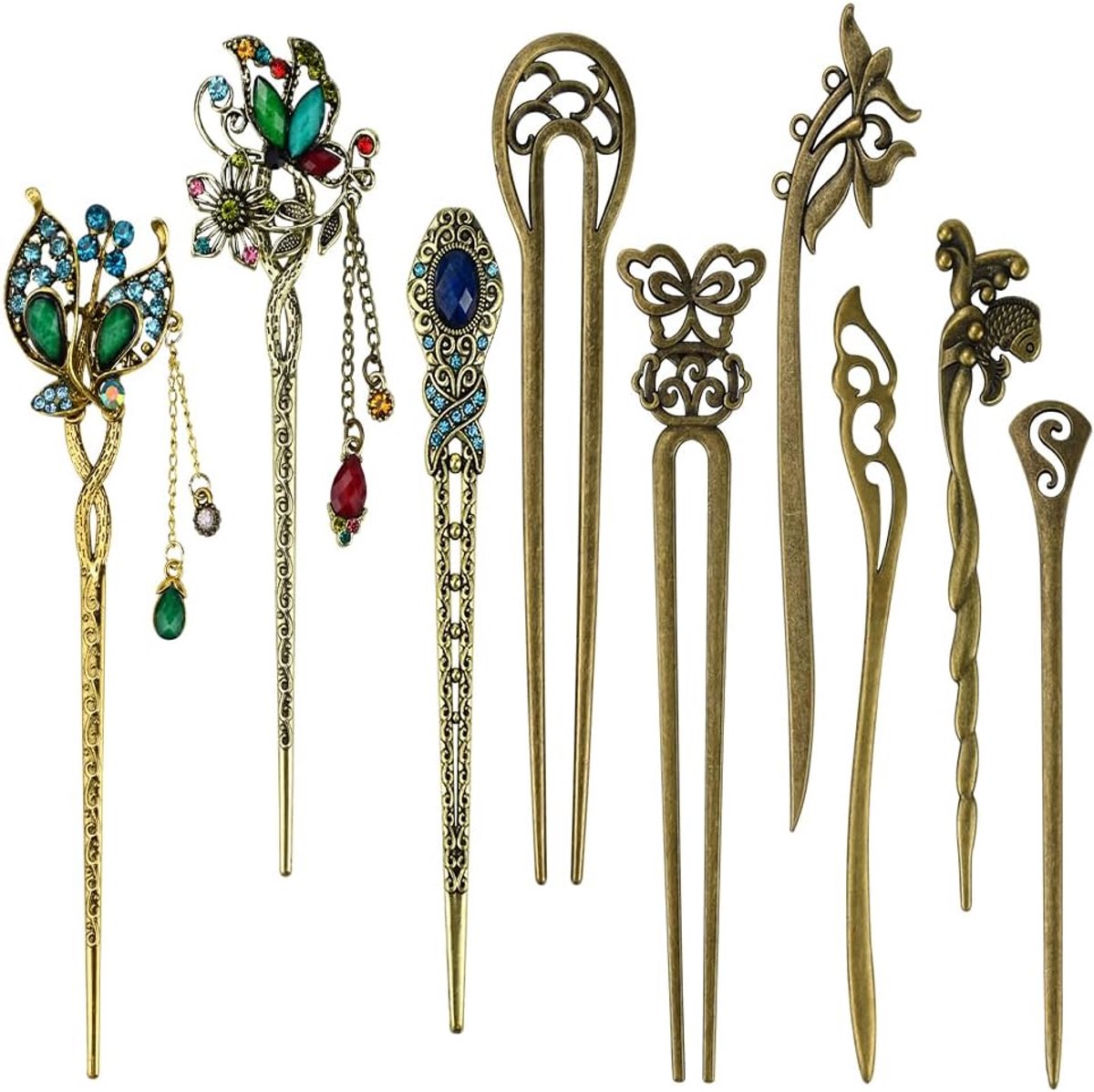 SnelShoppen - 9x Chinese Haarsteken - Vintage Haarspelden voor Vrouwen - Decoratieve Haarknippen - Natuurlijke Patronen - DIY Haaraccessoires voor Fee