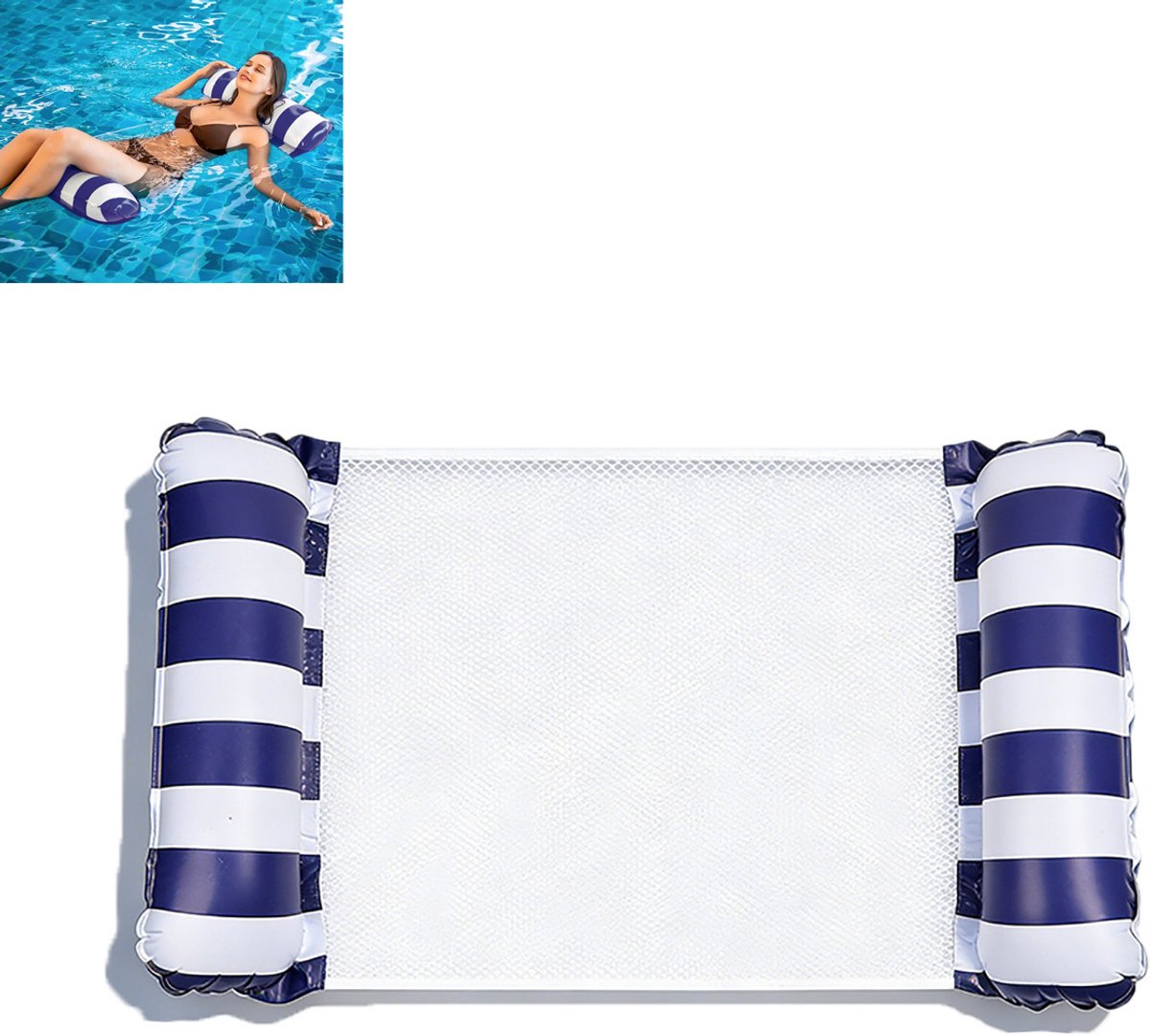 Waterhangmat - Drijvend Luchtbed - Zwembad Float - Comfortabele drijvende stoel met mesh midden en opblaasbare buizen, 4-in-1 functie met hoofdsteun - PVC - 120x105 cm - Voor Zwembad En Tuinfeest - Donkerblauw