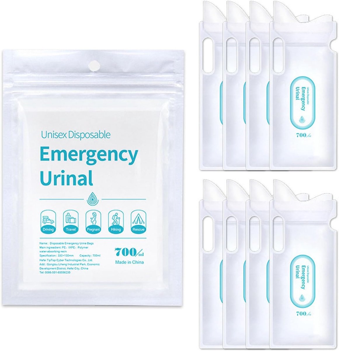 SnelShoppen - 8 Afvalbare Urinezakken, Draagbare Urinalen met Handvat, Ideaal voor Reis, Kamperen, Wegverkeer Noodgevallen, 700 ml Capaciteit, Geurloo