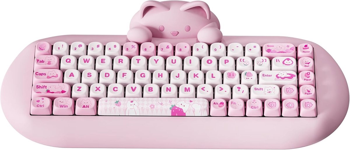 SnelShoppen - Draadloos Mechanisch Toetsenbord 65% Hot Swap Gaming Toetsenbord met RGB Verlichting en Kawaii Kat Silicone (Roze, Cocoa Cream v2)