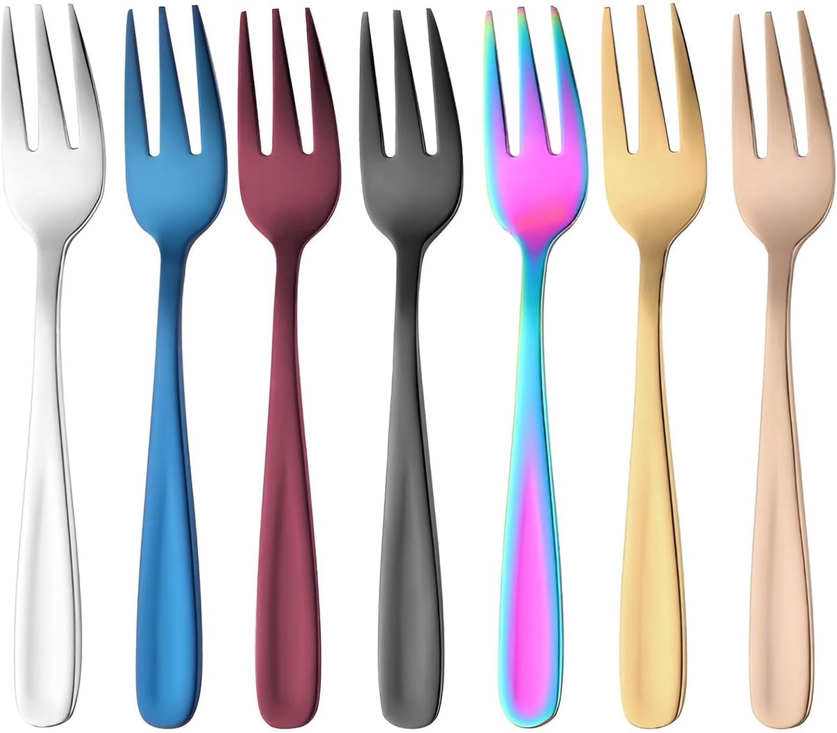 SnelShoppen - Set van 7 RVS Dessert Forks 18/10, Kleurige Mini Vorkjes voor Taart, Fruit en Snacks, Elegant en Vaatwasserbestendig voor Thuis, Kantoor