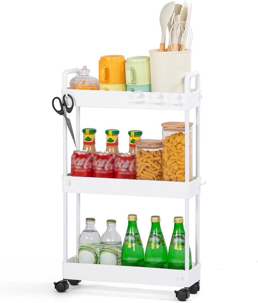 SnelShoppen - Multifunctionele opslag trolley met 3 niveaus, wit, 38.8 x 12.5 x 65 cm, opbergwagen voor keuken, badkamer, woonkamer, kantoor, eenvoudi