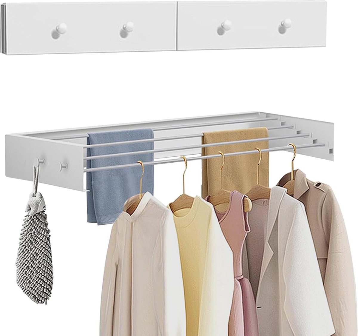 SnelShoppen - Droogrek 60 cm Uittrekbare Kledinglijn Carbon Staal Met 4 Haken Ruimtebesparende Handdoekhouder Wand 25kg Draagvermogen Voor Binnen Buit