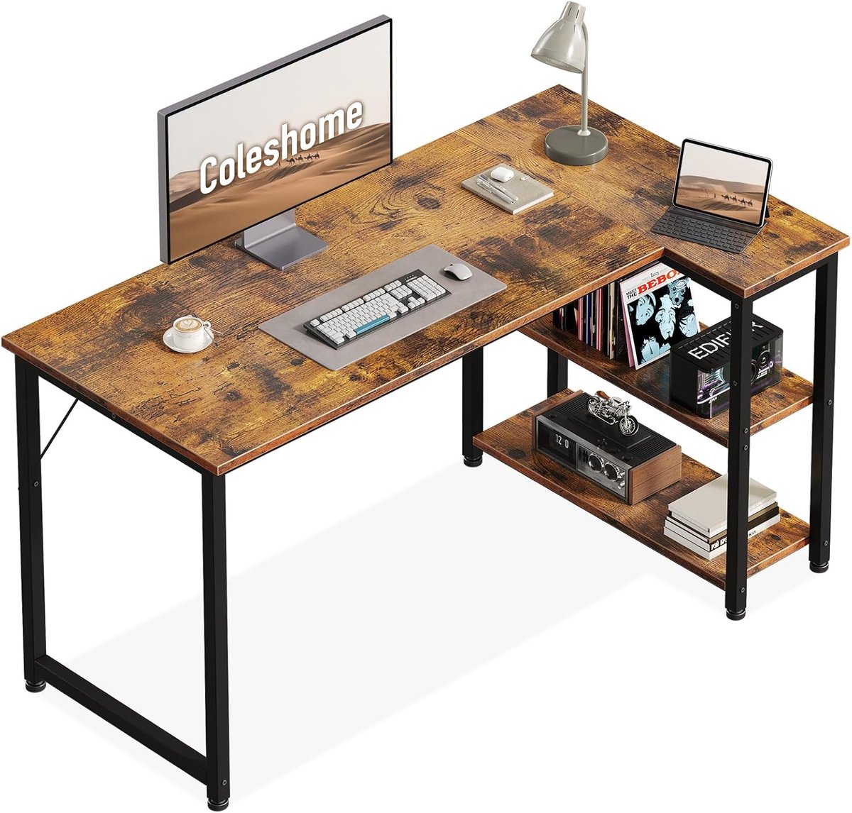 SnelShoppen - Gaming Bureau 120x70cm Hoekbureau met Omkeerbare Plank, L-Vormig Bureau voor Thuiswerkplek, Bruin, Ideaal voor Gamers en Thuiswerk
