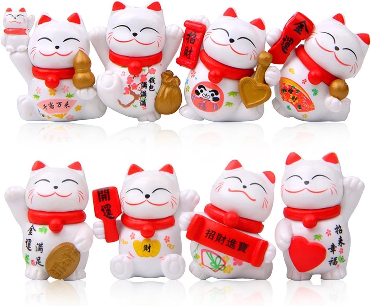 SnelShoppen - 8Pcs Mini Maneki Neko Lucky Cat Figurines, Japanse Geluks Kattenset, Waving Fortune Decor Ornaments voor Thuis, Auto en Kantoor, Witte G
