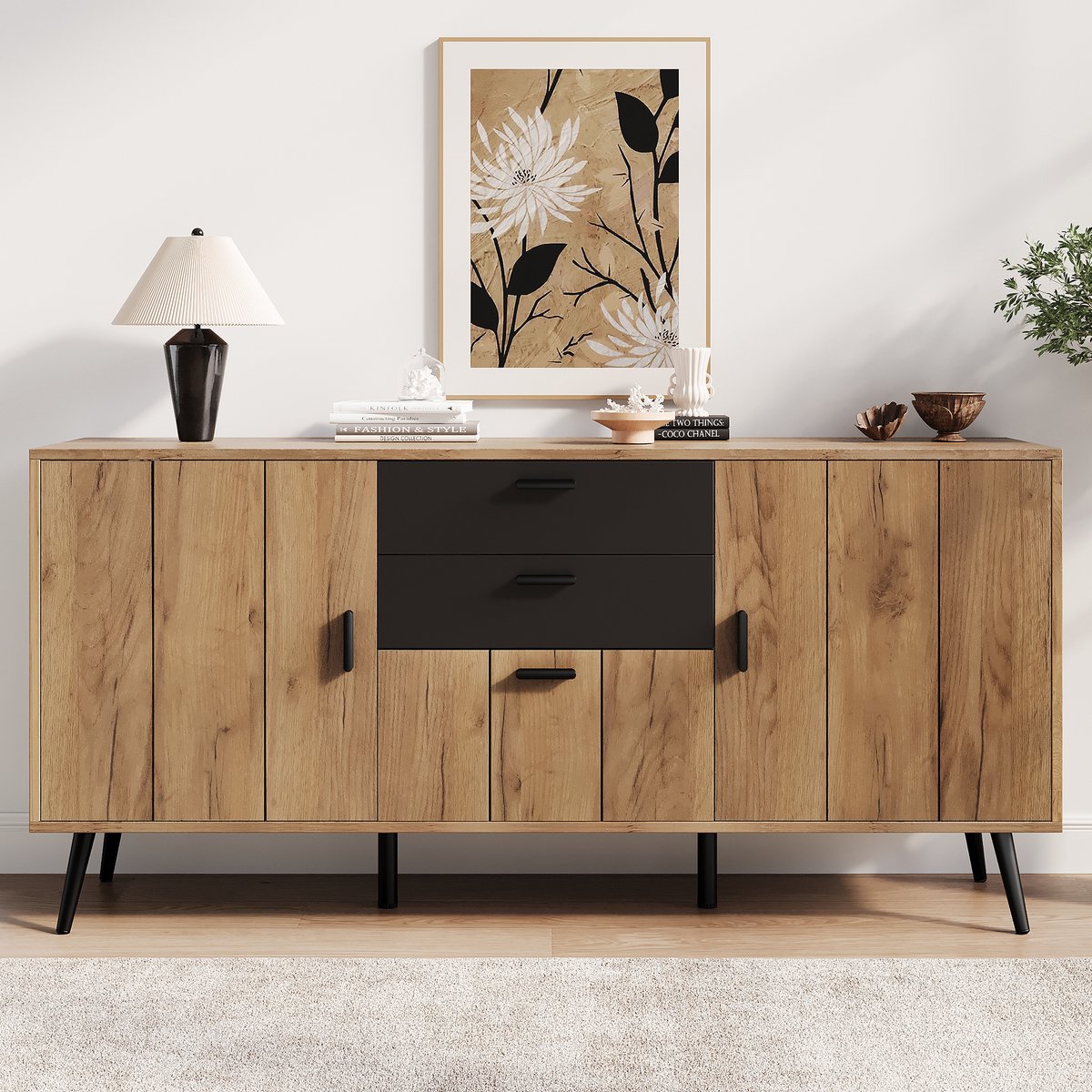 HAUSS SPOLE Dressoir - Moderne Opbergkast Met 2 Laden En 3 Deuren - Voor Woonkamer Eetkamer En Hal - MDF - 140x35x67 Cm - Zwart Naturel