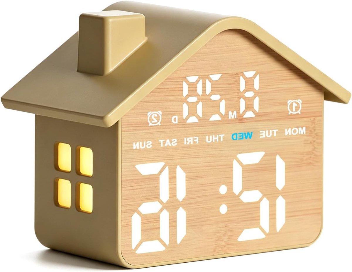 Digitale wekker met houtlook, LED-tafelklok met datum en weekdag, sluimerfunctie en nachtlampje voor woonkamer, kinderkamer en kantoor