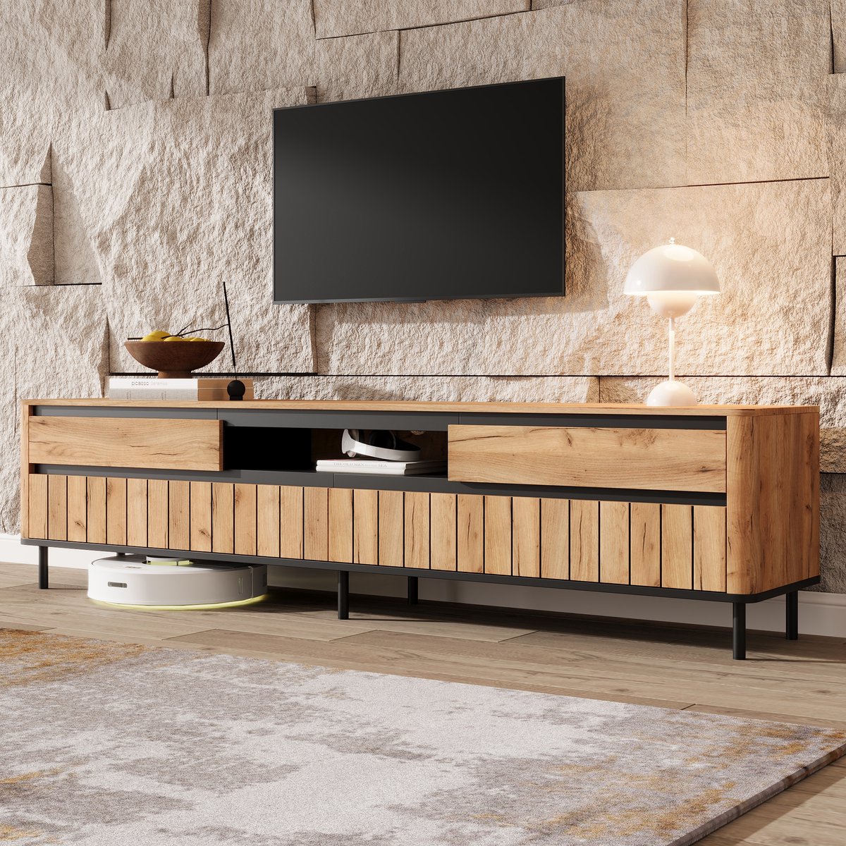 HAUSS SPOLE Dressoir - Tv Meubel Met 2 Lades En 2 Klepdeuren - Voor Woonkamer En Tv Tot 75 Inch - MDF - 180x40x52 Cm - Naturel En Zwart
