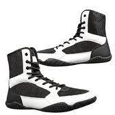 Zwart wit boksschoenen heren hoge trainingsschoenen met veters rubberen zool indoor sportschoenen wedstrijd schoenen wrestling schoenen maat 42
