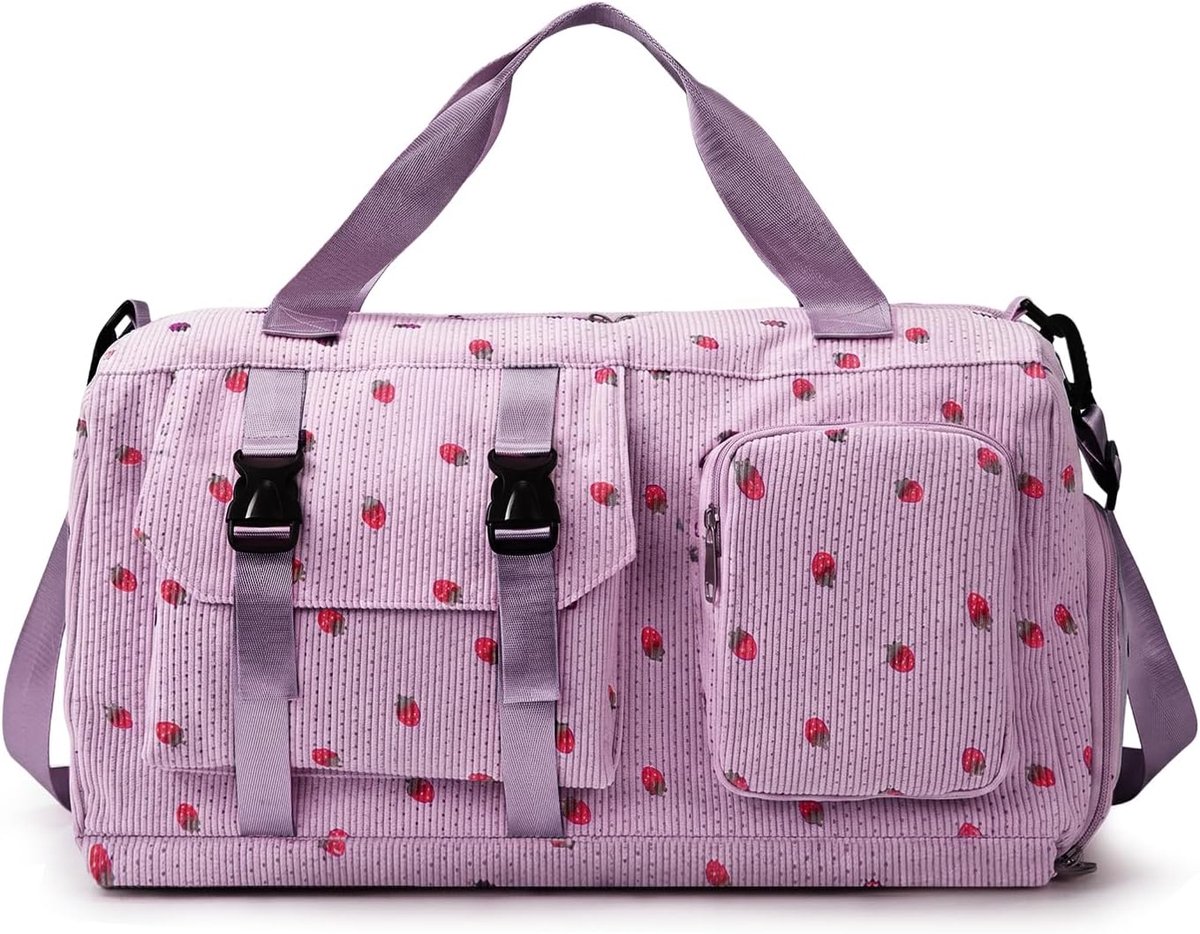 SnelShoppen - Flintronic Corduroy Aardbei Reistas - Grote Sporttas met Schoenenvak en Natte Zak - Opvouwbare Weekendtas voor Sportschool, Zwemmen, Dan