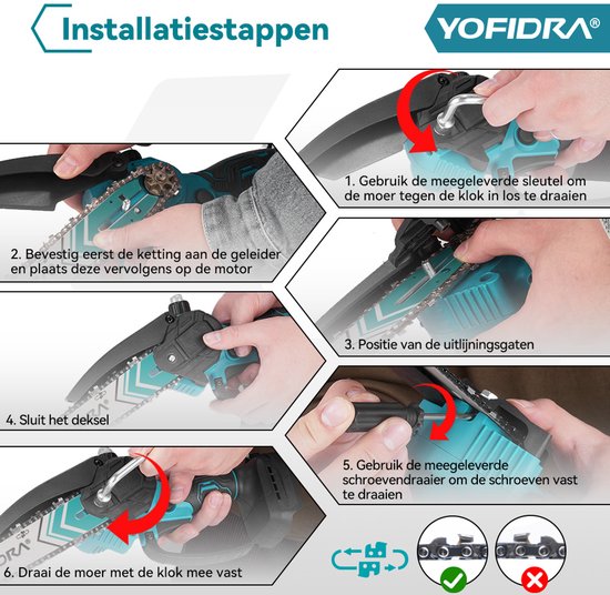 Yofidra Mini kettingzaag - 6 / 8 inch Kettingzaag - met 2x 4.0Ah accu’s Snoeizaag - Takkenzaag - Brushless Heggenschaar - voor tuin, boomsnoeien en hout — afbeelding 4
