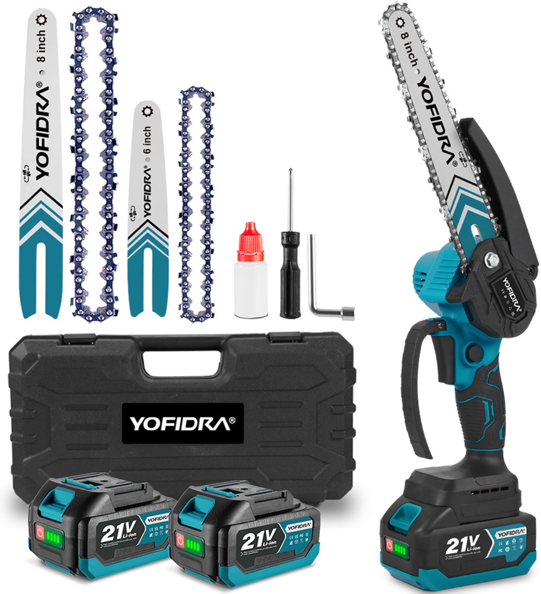 Yofidra Mini kettingzaag - 6 / 8 inch Kettingzaag - met 2x 4.0Ah accu’s Snoeizaag - Takkenzaag - Brushless Heggenschaar - voor tuin, boomsnoeien en hout