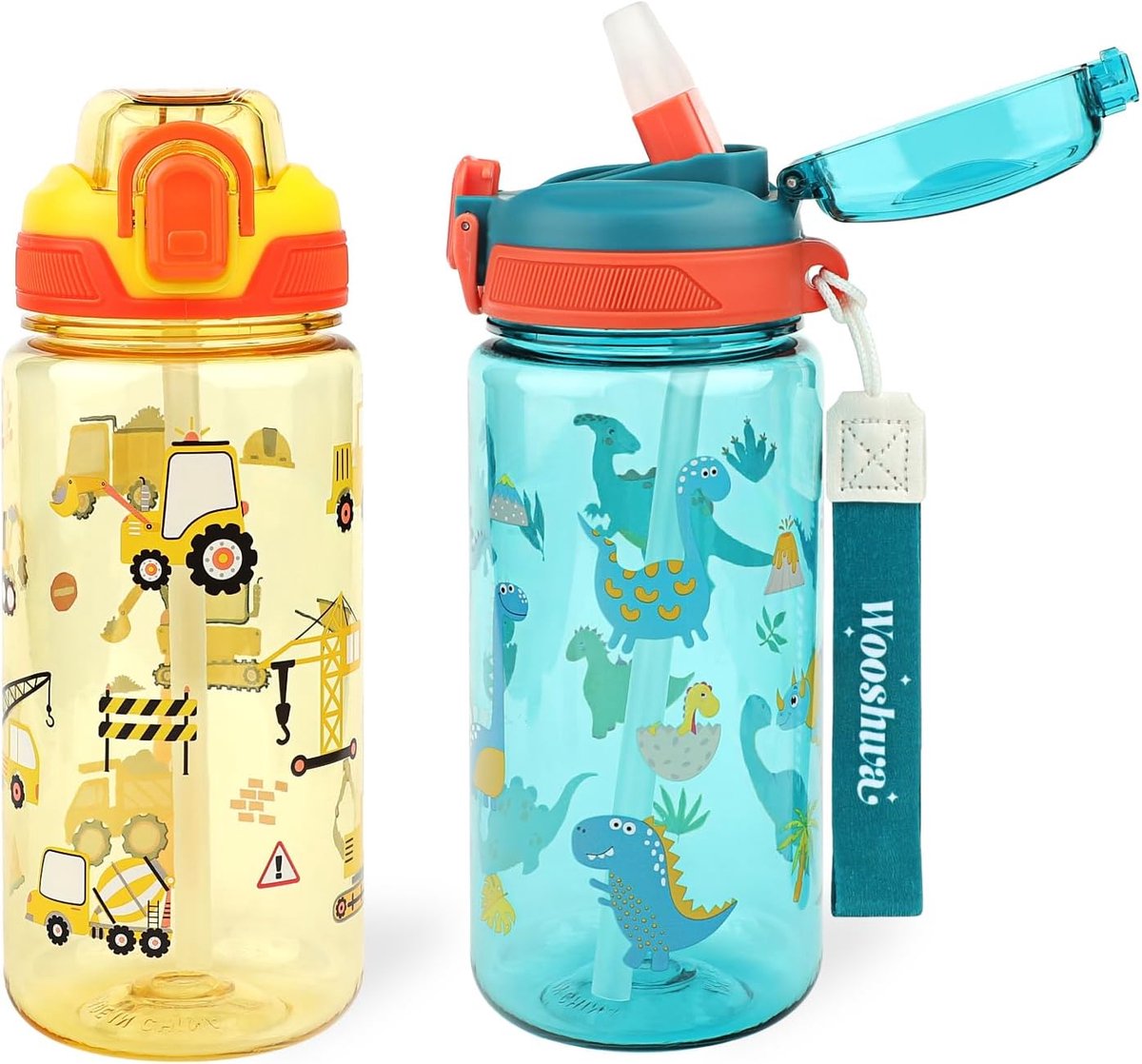 Thijox - Drinkfles voor Kinderen 600 ml - Lekvrij, Eenhandige Opening, Waterfles met Rietje, BPA-vrij, Vaatwasserbestendig, Set van 2, Dinosaurus - Pe
