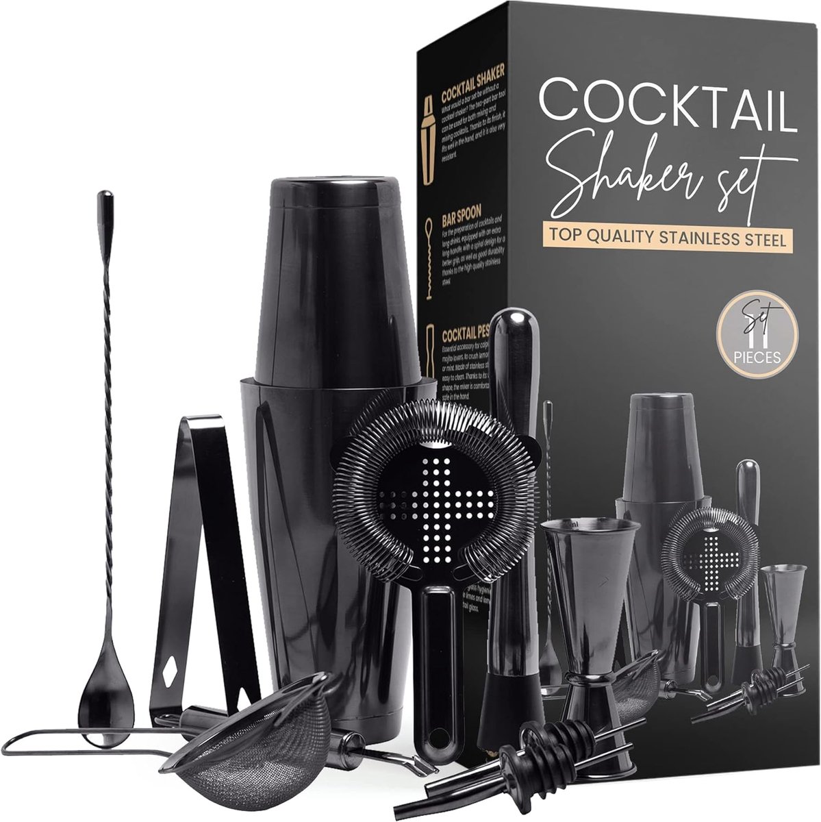SnelShoppen - Cocktail set 12-delig | Elegante cocktail shaker set in Space Grey | Grote 750 ml Boston shaker | Bartender set met baraccessoires voor