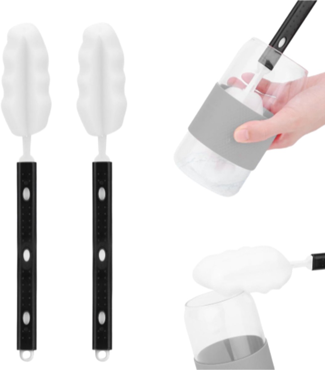 Flessenborstel - met verstelbare handgreep - te gebruiken als flessenborstel, bekerborstel, schoonmaakborstel, glasborstel - lengte 31 tot 42 cm - set van 2 - zwart