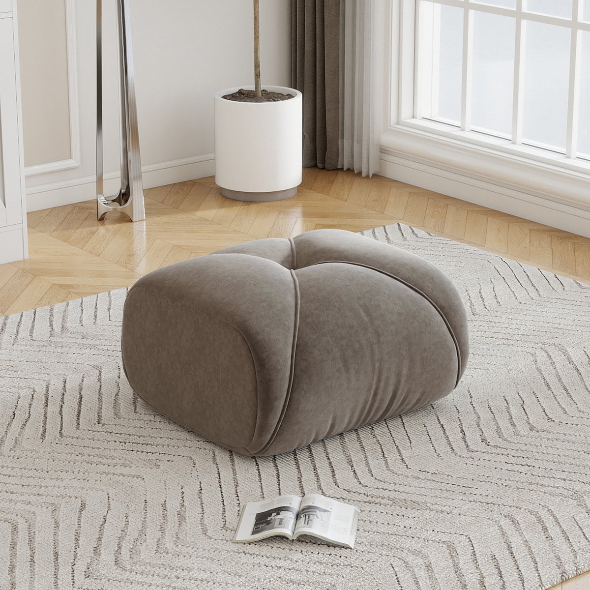 MIVRAY Voetenbankje – Chenille Bekleding – 78 x 76 x 45 cm – Stof – Taupe – Gestoffeerd Voor Binnen – Met 32D Schuimvulling