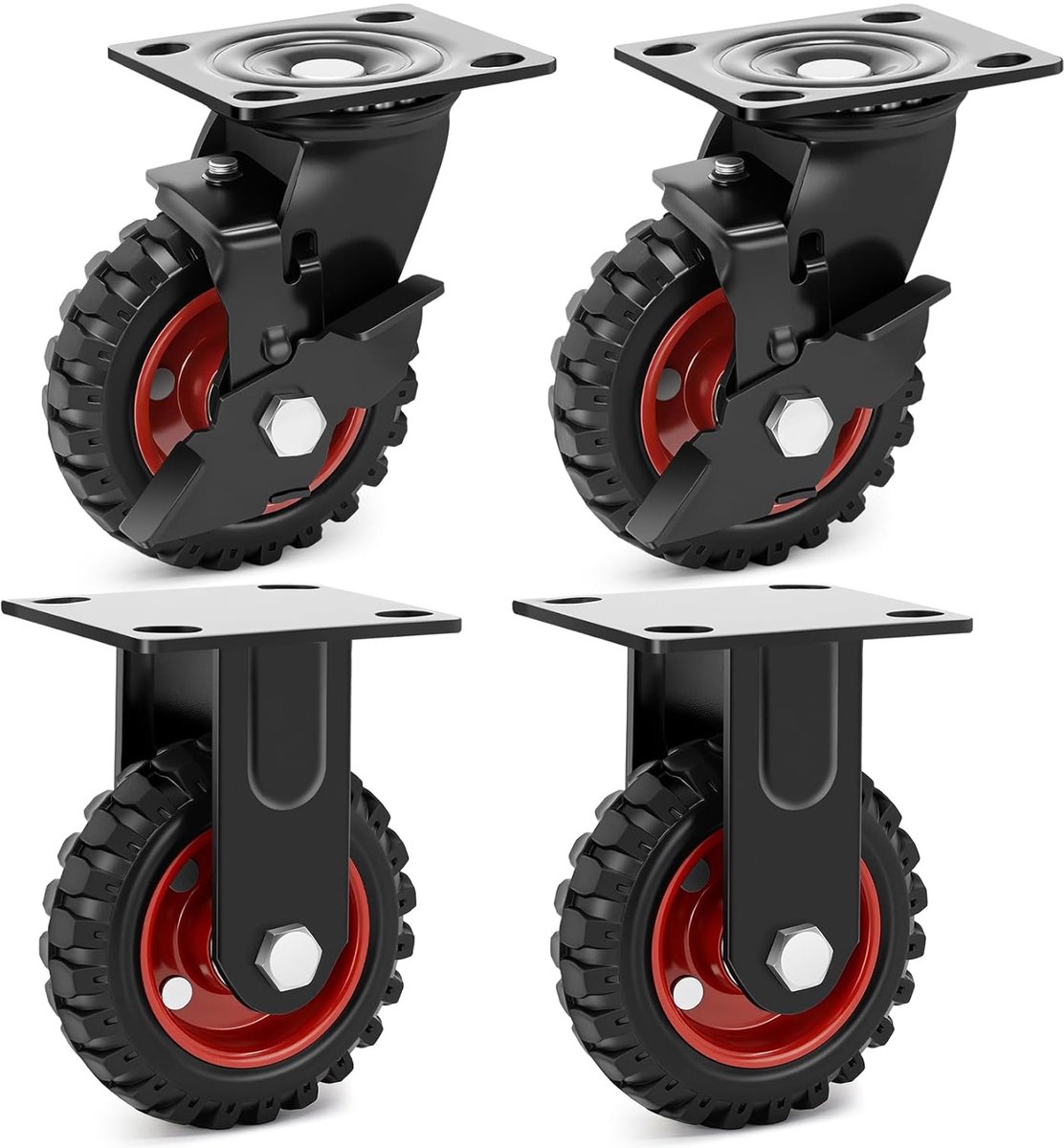 SnelShoppen - Swivel Castors voor Handwagens - 500 kg Capaciteit, 125 mm Massief Rubber, Antislip 4 Zwenkwielen met Rem en 2 Vaste Wielen voor Werkban