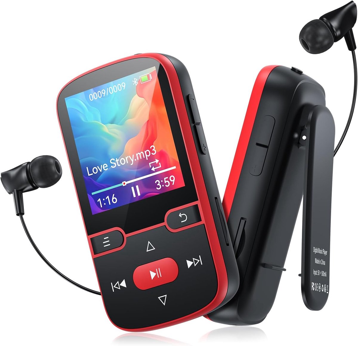 SnelShoppen - 64GB MP3 Speler Bluetooth 5.3 met Clip, Draagbare Muziekspeler voor Kinderen, HiFi Sport MP3 Speler, 1.5 Inch Scherm, FM Radio, Pedomete
