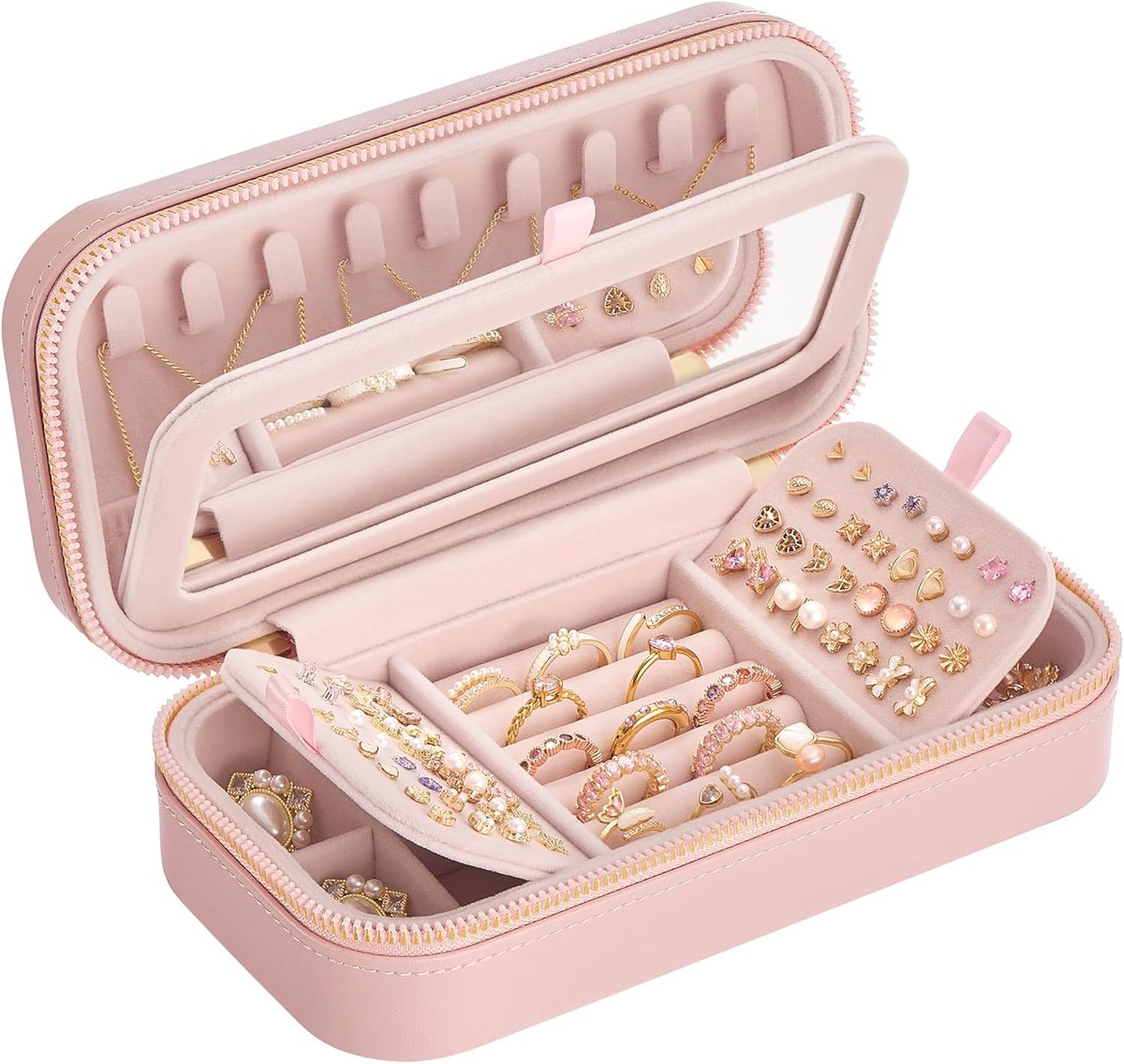 SnelShoppen - Reislustige Sieradenbox, Compacte Juwelendoos met Spiegel, 10.5x20.5x6 cm, Stitched PU, Zipper, Pastel Roze, Perfect Cadeau voor Vrouwen