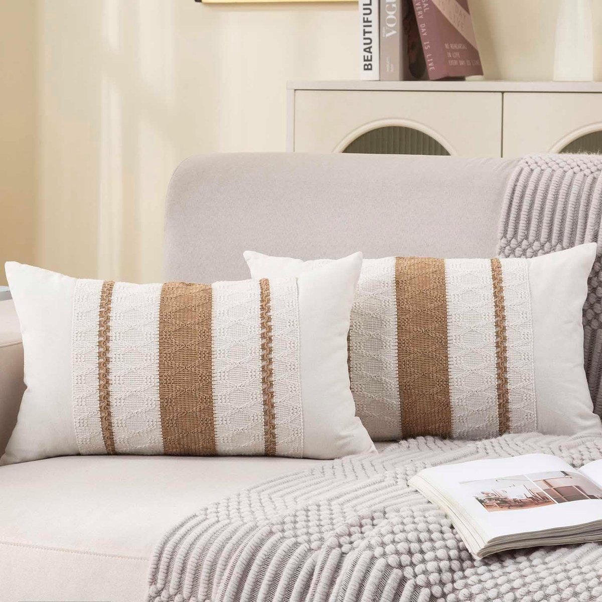 SnelShoppen - Kussensloop Set van 2, 30x50 cm, Kaki-Wit, Boho Macramé Katoen-Linnen, Decoratieve Kussenhoezen voor Bank en Slaapkamer, Modern Gestreep