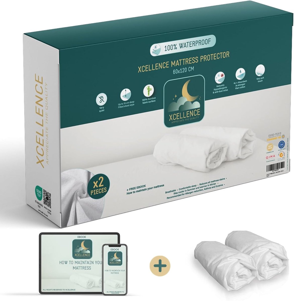SnelShoppen - Set van 2 Matrasbeschermers 60x120 cm Waterdicht Ademend 100% Bamboe Anti-Mijt en Bacteriën Geschikt voor Kinderen en Baby's
