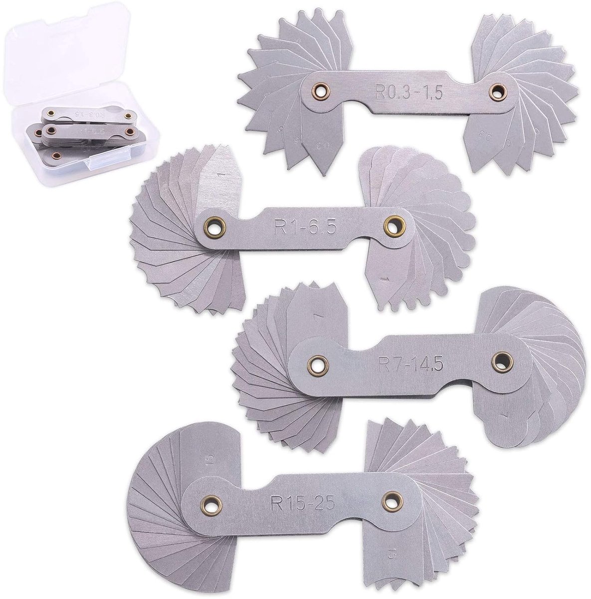 SnelShoppen - 4-delige Radius Meetlat Set R0.3-1.5mm, R1-6.5mm, R7-14.5mm, R15-25mm - Stalen Convexe en Concaaf Meetgereedschap voor Gereedschap en Ma