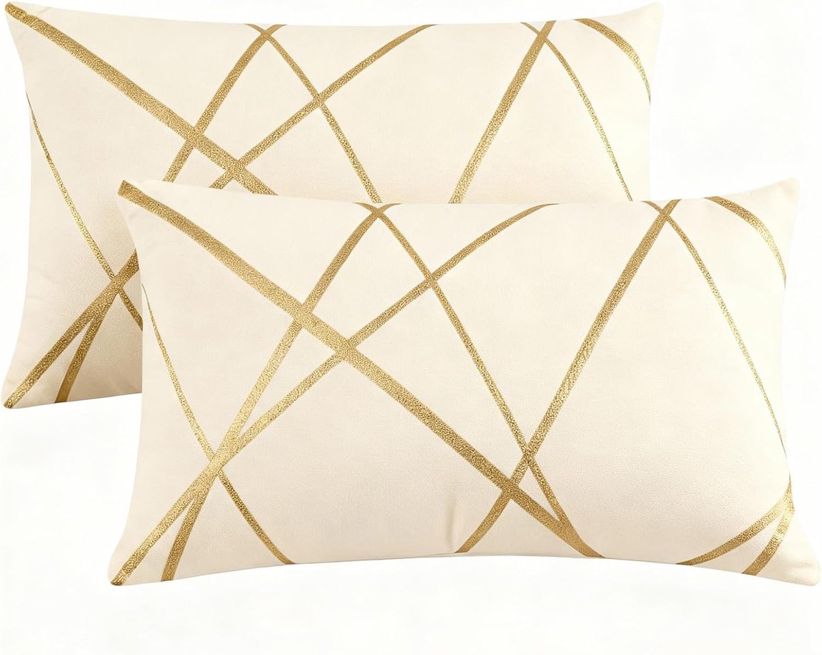 SnelShoppen - Set van 2 Velvet Kussenhoezen 30 x 50cm Luxe Gouden Strepen Decoratieve Kussenhoezen Beige Rechte Lumbar Kussen voor Bank Woonkamer Slaa