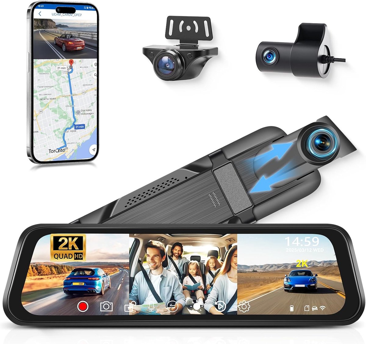 SnelShoppen - 3 Camera Dashcam 2K/1080P met WiFi, 9.66 Inch IPS Touchscreen, Nachtzicht, G-Sensor, Loop Recording, 24-Uur Bewaking voor Auto