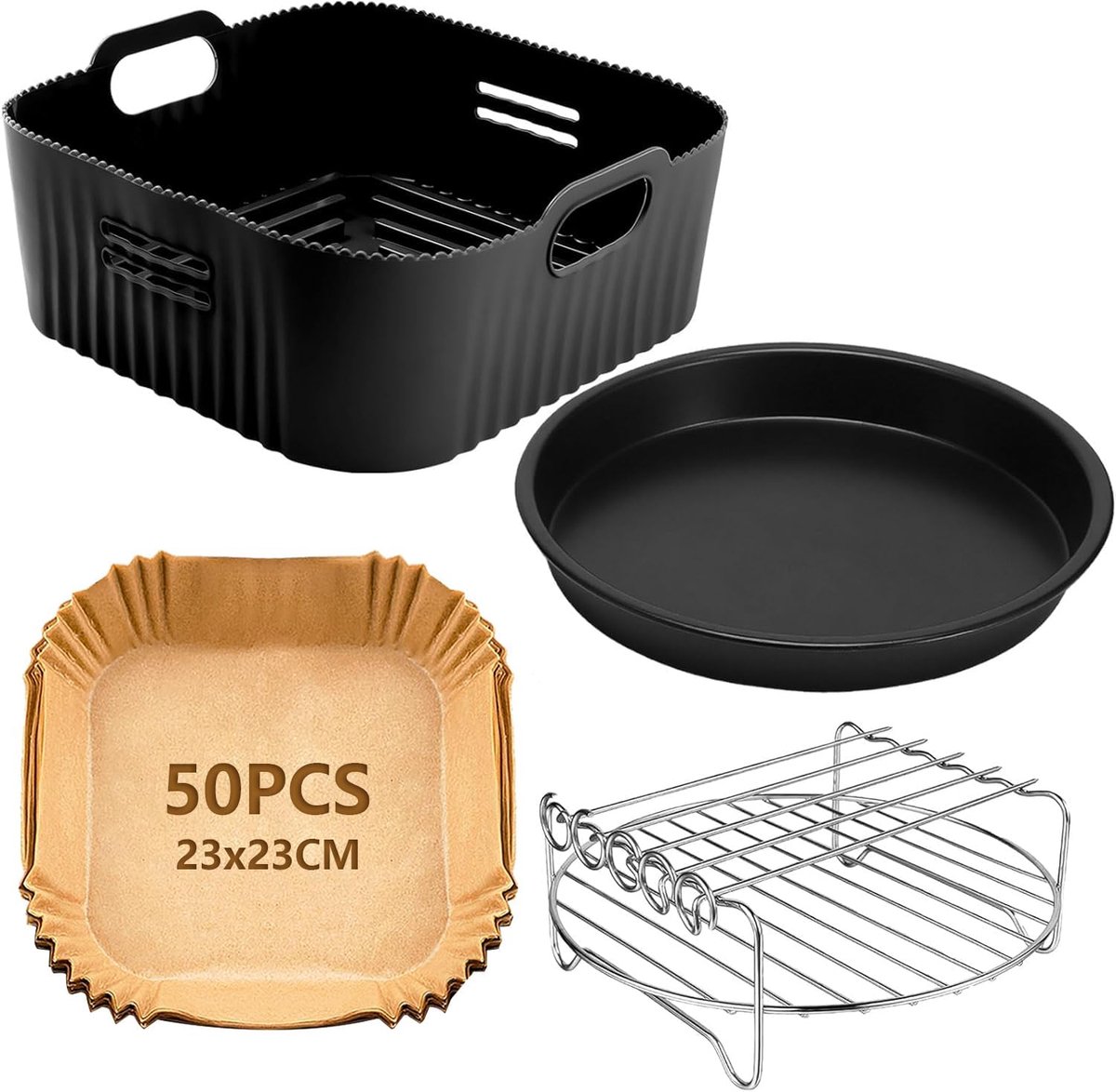 SnelShoppen Air Fryer Accessoires XXL 23 cm voor 6L 6.2L 6.4L 8L 8.3L 4-delige Set met Grillrooster Pizzapan Bakpapier Siliconen Vorm voor