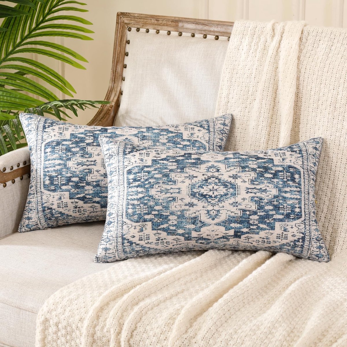 SnelShoppen - Set van 2 Boho Kussenslopen 30 x 50 cm, Dubbelzijdig Bloemenpatroon in Blauw, Vierkant, Decoratief voor Tuin, Bank, Woonkamer, Vintage E