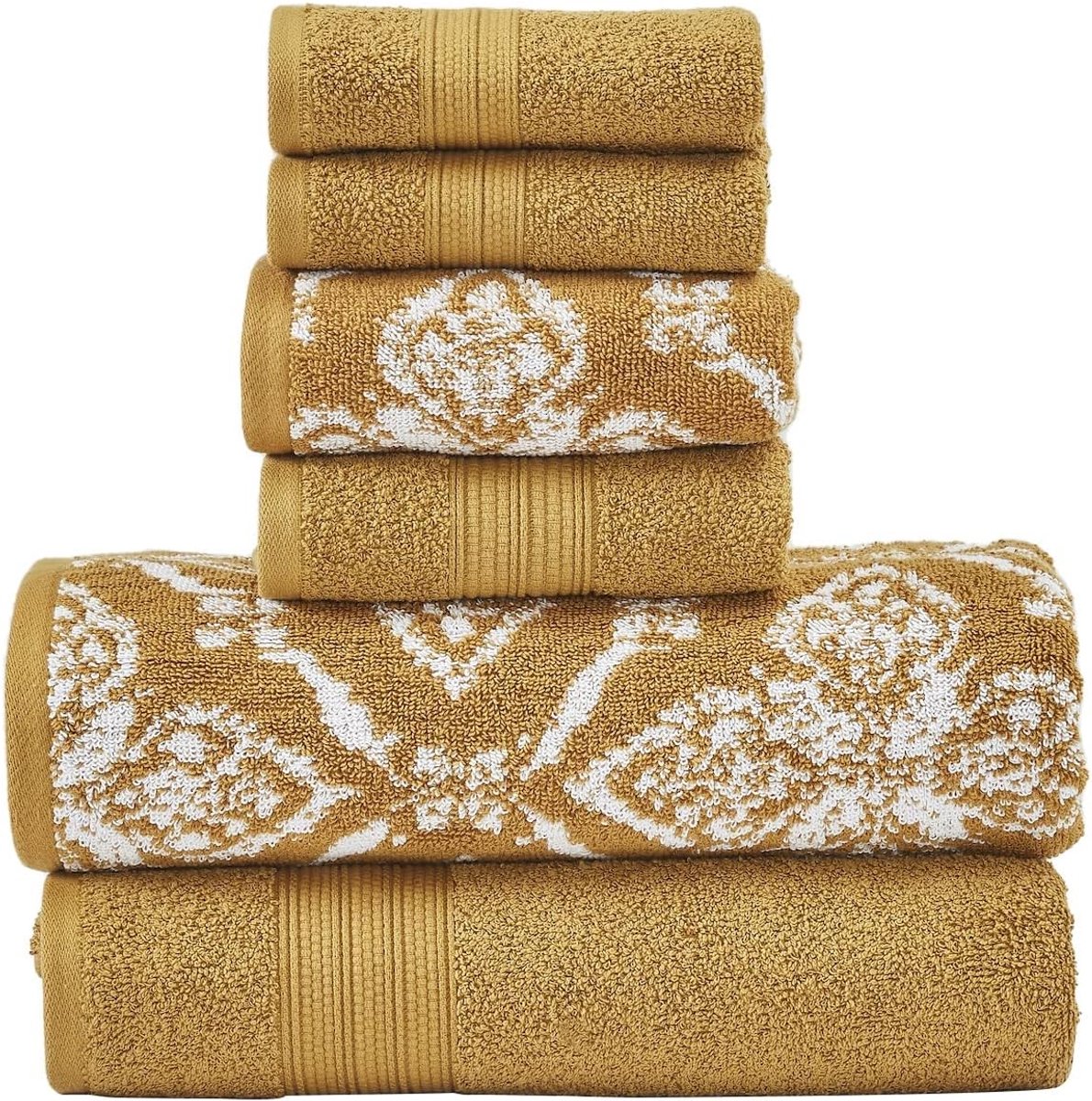 SnelShoppen - Luxe 6-Delige Omkeerbare Jacquard Handdoek Set - Badhanddoeken, Washandjes, Super Absorberend, Sneldrogend, 100% Kammen Katoen, Goud