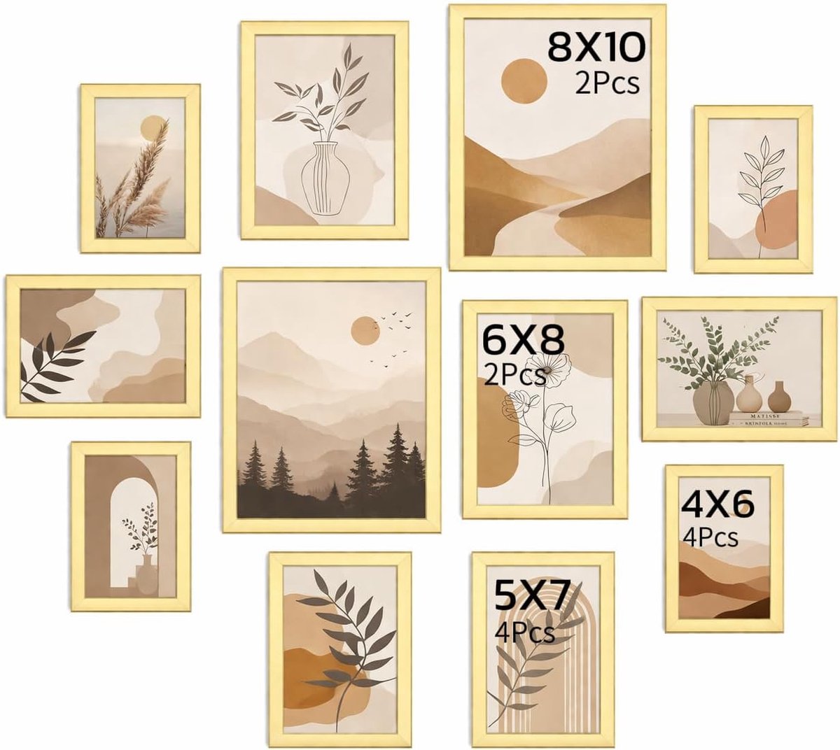 SnelShoppen - Set van 12 Gouden Fotolijsten voor Muur en Tafel | Collage Fotolijsten Multi Maat 4x6, 5x7, 6x8, 8x10 Inclusief Bevestigingsmateriaal