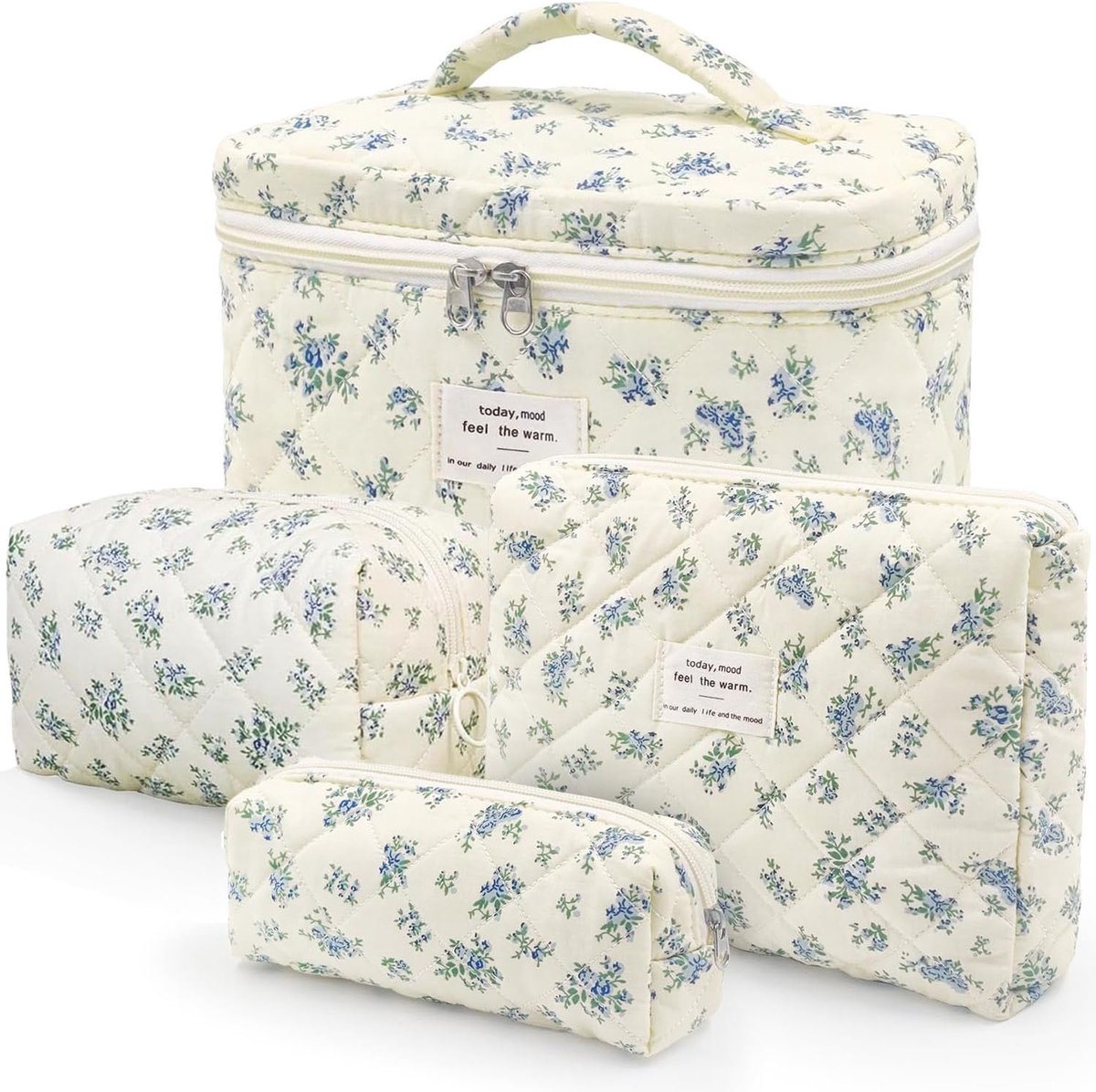 SnelShoppen - Set van 4 Make-up Tassen, Toilettas voor Vrouwen, Portable Make-up Bag, Reistas voor Dagelijks Gebruik, Blauw Pompoenbloem, Compacte en