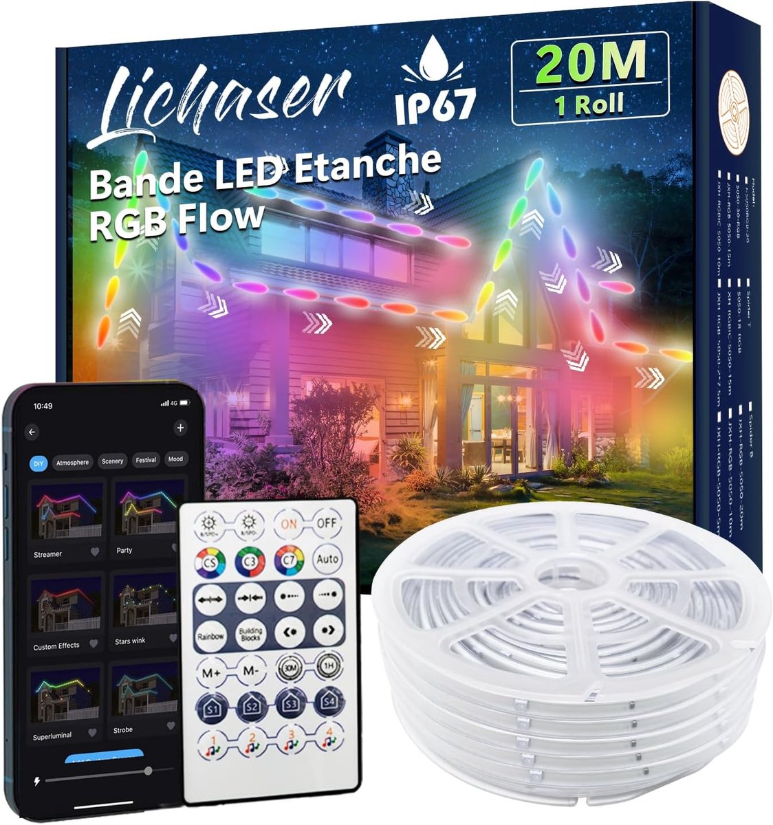20m Waterdichte LED-strip voor Buiten - RGB+IC Kleuren met BT-app en RF-afstandsbediening