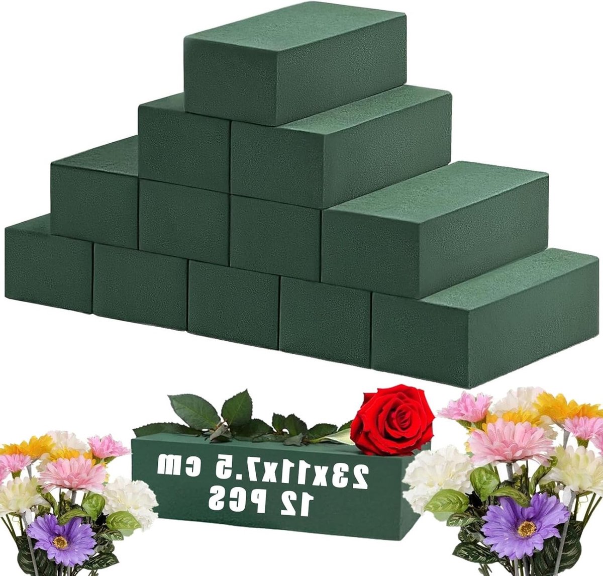 Set van 12 Stukken, 23 x 11 x 7.5 cm, Vochtige Spons voor Bloemen, Mos en Schuim voor Feesten, Bruiloften en Verjaardagen