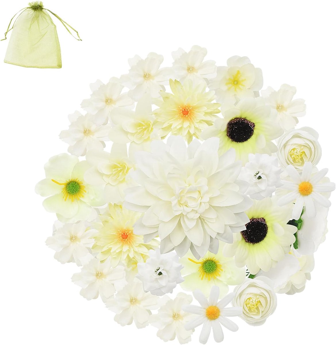 SnelShoppen - 32 Stuks Kunstbloemen Decoratie, Mini Witte Gemengde Kunstbloemen, DIY Bloemen voor Bruiloft, Feest, Tuin en Scrapbooking (Wit)