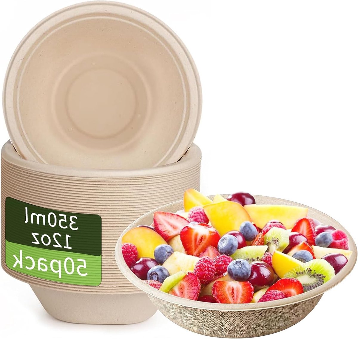 Set van 50 Wegwerp Papieren Kommen, 350ml Biologisch Afbreekbare Suikerriet Kommen, Sterke Bruine Kommen voor Soep, Feestjes, Barbecues en Picknicks