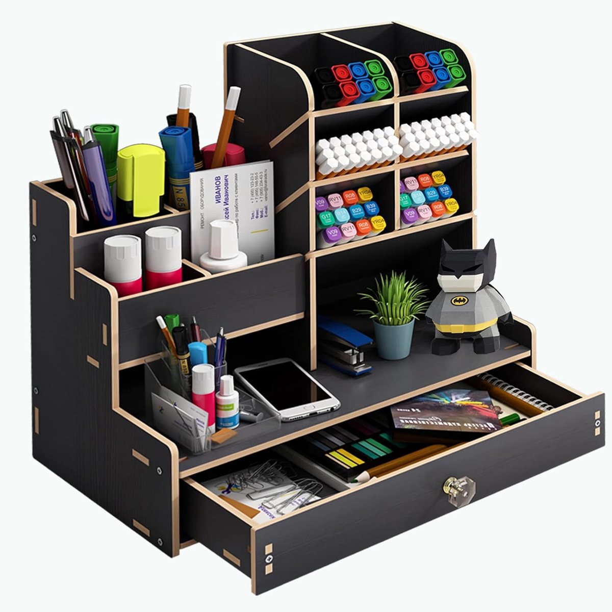 SnelShoppen - Houten Bureau Organizer Pennenhouder met Lade, Multifunctionele Pennen Organizer voor Kantoor, Thuis en School, Zwart, 25x15x25 cm