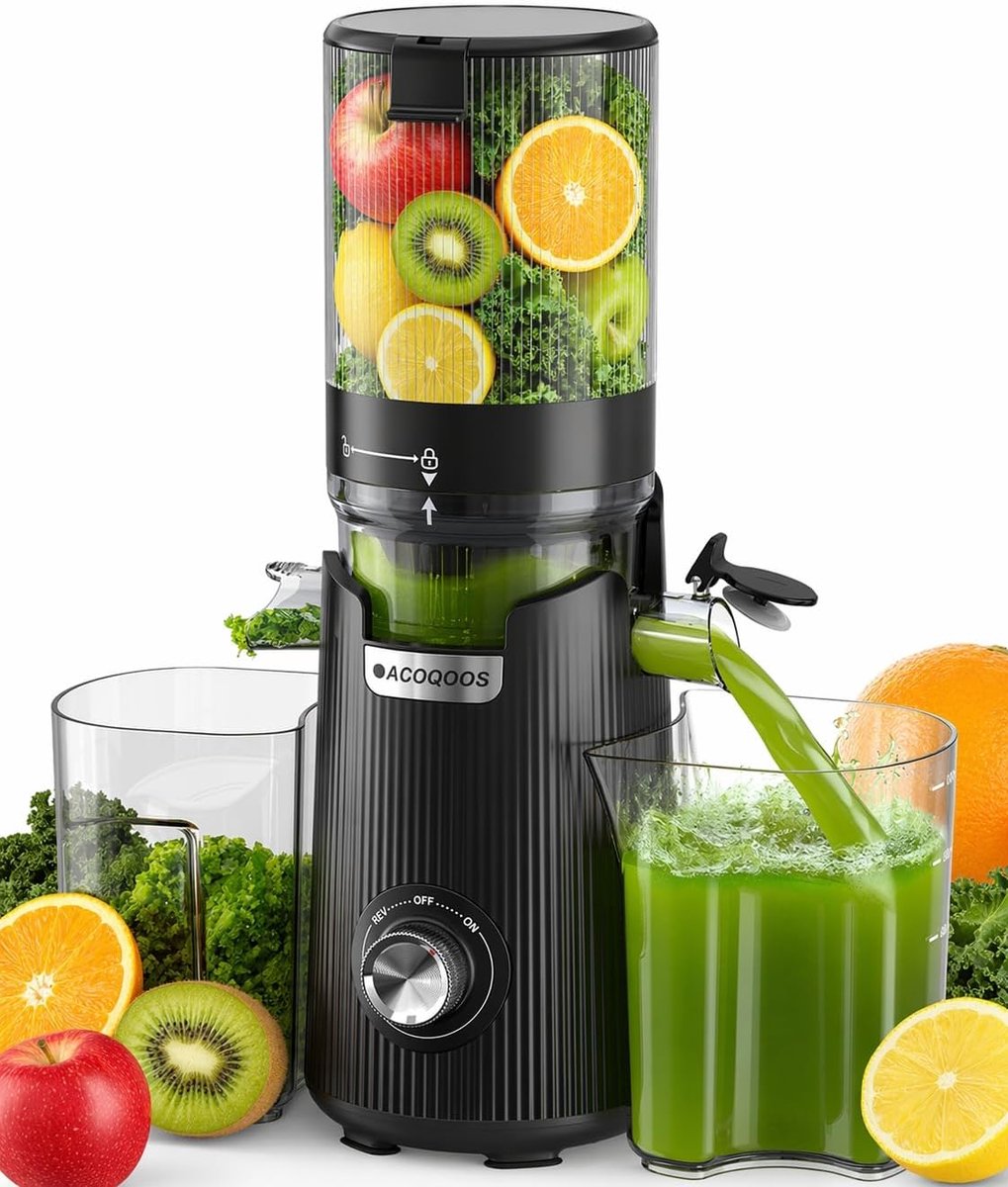 SnelShoppen - ACOQOOS Slow Juicer, Whole Fruit en Groente Juicer met 135 mm Extra Brede Vulopening, 1.8 L Container, Eenvoudig Schoon te Maken, Zwart,