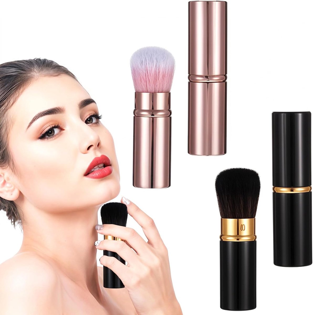 SnelShoppen - Retractable Makeup Brush Set van 2 - Kabuki Blusher Brushes met Beschermende Deksel - Expandable Foundation Brush voor Vrouwen - Voor Li