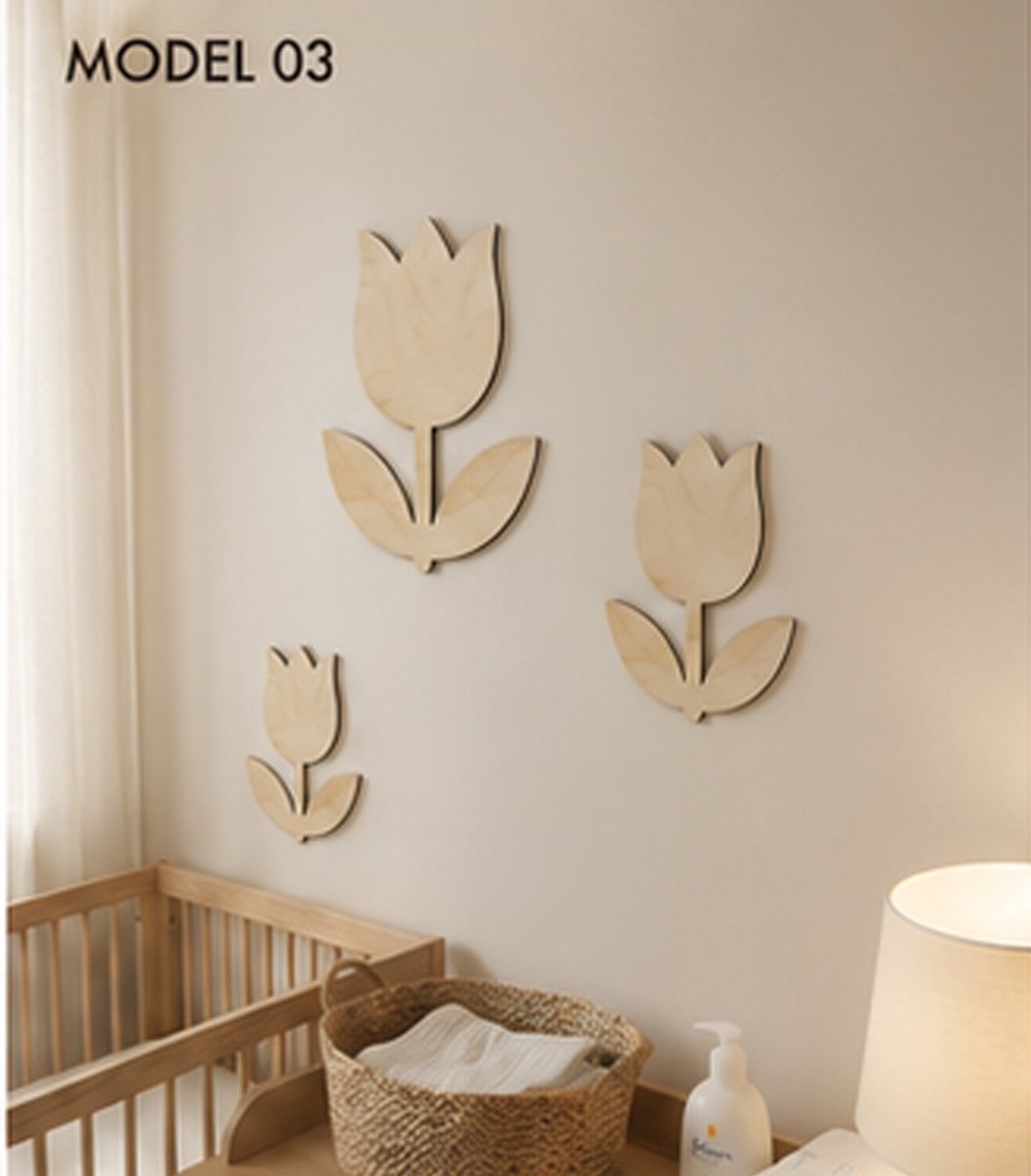 Houten Tulpen Wanddecoratie Babykamer – Set van 3 Tulpen – Scandinavische Kinderkamer Decoratie – Natuurlijk Berkenhout