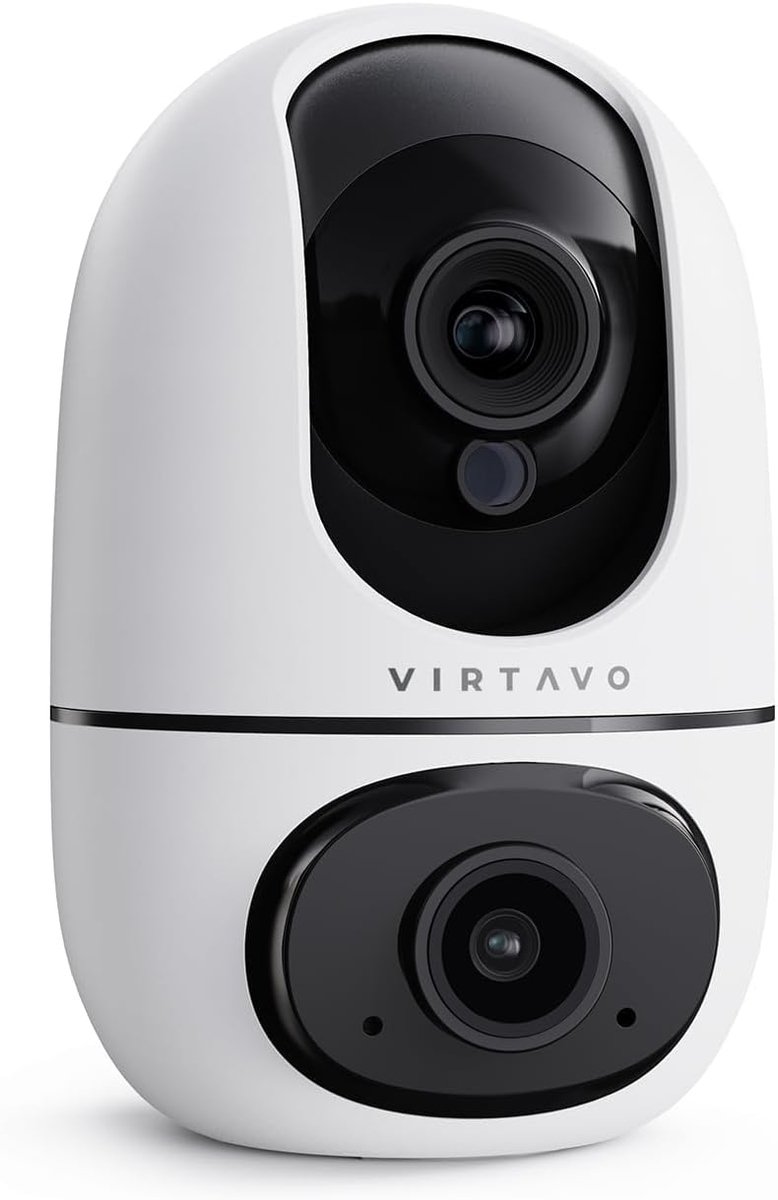 SnelShoppen - VIRTAVO Dual Lens Indoor Camera met 360° Pan/Tilt, 2-Weergaven op 1 Scherm, Draadloze Huiscamera, Slimme Tracking, Kleur Nachtzicht, 2-W