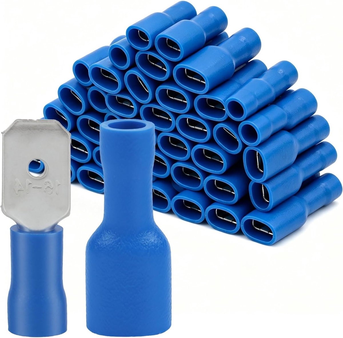 SnelShoppen - 100 Geïsoleerde Kabelschoenen 6,3 mm, 50 Platte Stekkers + 50 Stopcontacten (Blauw) voor Auto-Elektronica en Knutselprojecten