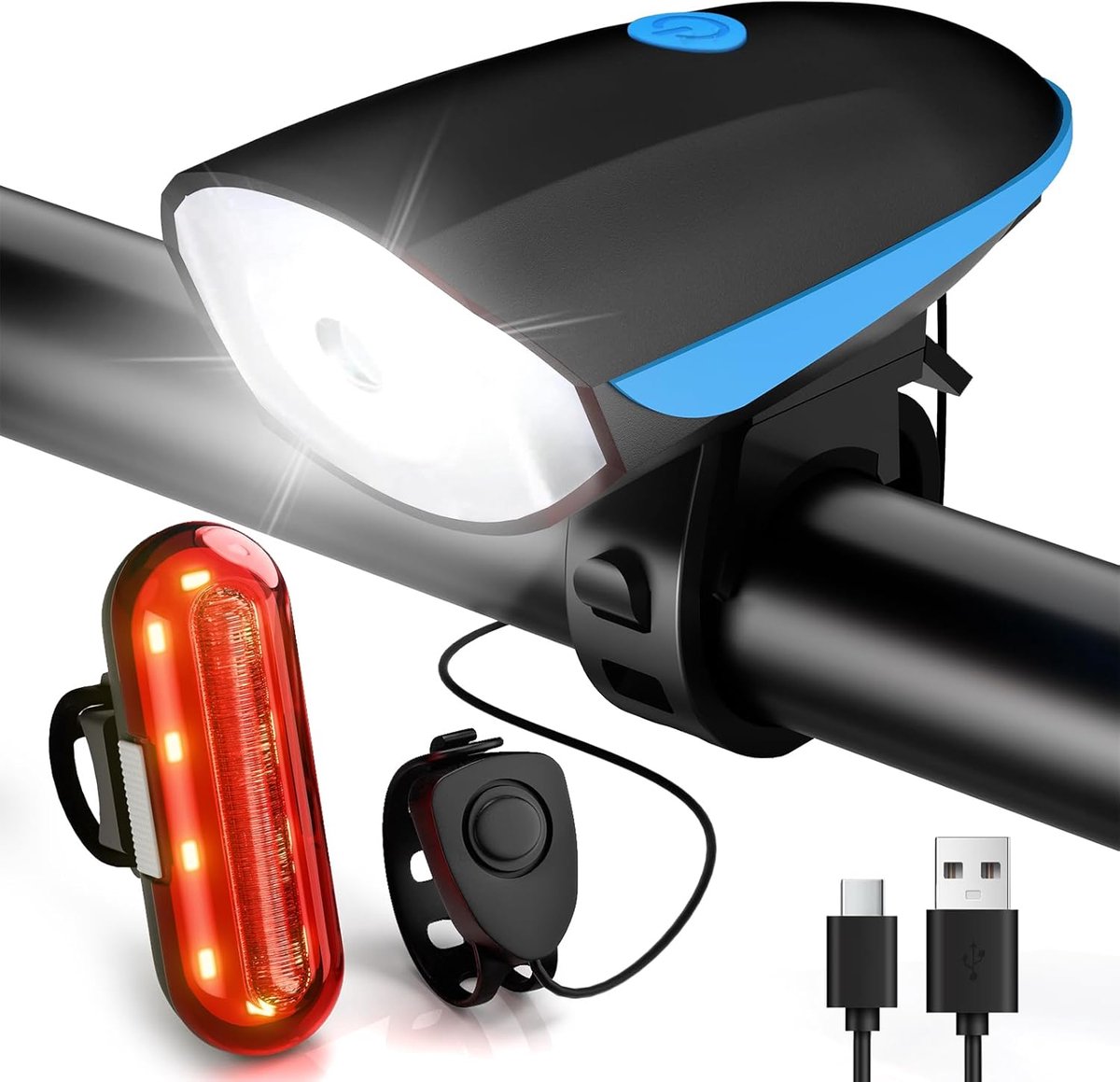 SnelShoppen - Fietslampen Set met 1200 mAh, 3 + 5 Verlichtingsmodi, Oplaadbare USB Voor Voor- en Achterlicht, 120 dB Alarm, IP65 Waterdicht, LED Verli