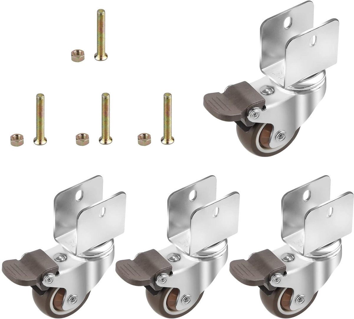 SnelShoppen - 4 Soft Rubber Castors met Rem Ø 38 mm - Voor Meubels - Geschikt voor Vloerbescherming - TPE Rubber - Inclusief Schroeven - 20 mm Plaat O