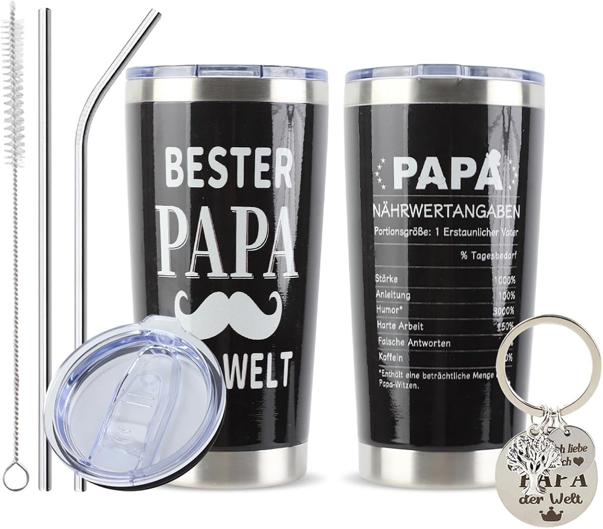 SnelShoppen - Gepersonaliseerde Thermosbeker met Gravure, Beste Vader ter Wereld, Vaderlijke Liefde Ingrediëntenlijst, Inclusief Rietjes en Sleutelhan